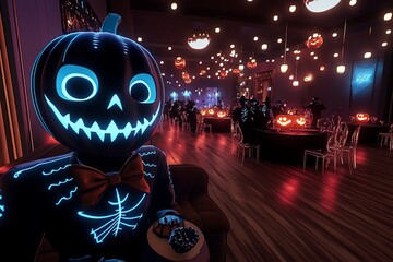 Aufkleber - Interactive 3D digital Halloween party scene, where users can explore a fully animated environment with costumed guests, glowing decorations, and spooky lighting.