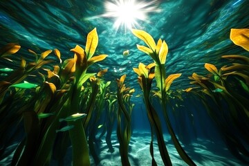 Aufkleber - Interactive 3D digital model of a kelp forest, where users can explore the ocean floor, swimming through the dense kelp and interacting with marine life.