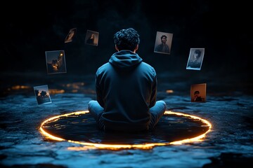 Aufkleber - Interactive 3D digital scene of a person reflecting on yesterdayâ€™s decisions, where users can explore floating images, notes, and animated reflections of past experiences.
