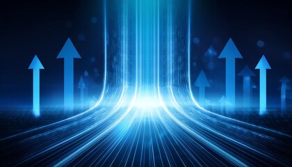 Poster - A futuristic digital landscape showcases glowing blue arrows and beams of light, symbolizing progress and upward movement.