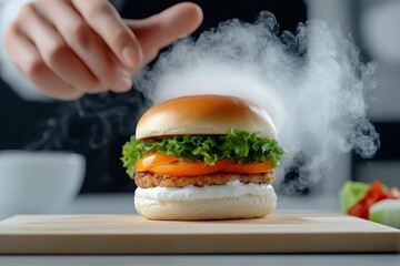 Close-up of a steaming chicken burger with fresh lettuce, tomato, and creamy sauce, served on a soft bun on a wooden board, highlighting freshly made fast food.