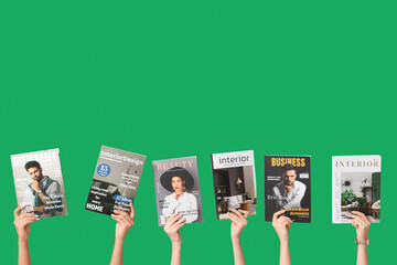 Poster - Female hands with different magazines on green background