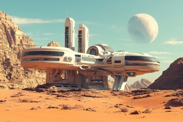 Futuristic sci fi outpost on a desert planet surrounded by advanced architecture and clear skies