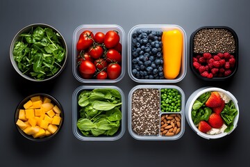 Poster - Minimalist design of a weekly meal prep plan, showing clean, simple containers filled with portions of food groups for a healthy eating plan.