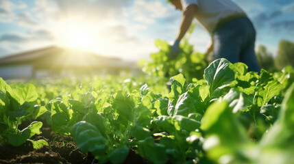 Lush vegetable field with farmer harvesting fresh green produce under bright sun. vibrant greens and warm sunlight create serene and productive atmosphere