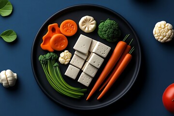 Wall Mural - Minimalist icon of a vegetarian plate, featuring abstract shapes of tofu and vegetables in a simple, clean design.