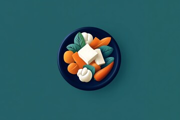 Aufkleber - Minimalist icon of a vegetarian plate, featuring abstract shapes of tofu and vegetables in a simple, clean design.