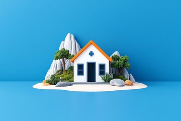 Poster - Minimalist icon of rural healthcare, with simple, clean lines representing a small clinic surrounded by natural scenery.