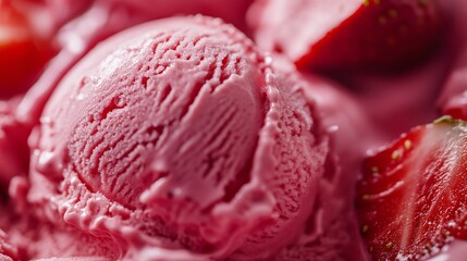 Delicious strawberry ice cream served with fresh strawberries in a bowl on a bright sunny day