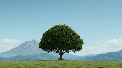 Wall Mural - Solitary Tree on a Green Field with Mountain Range in the Background