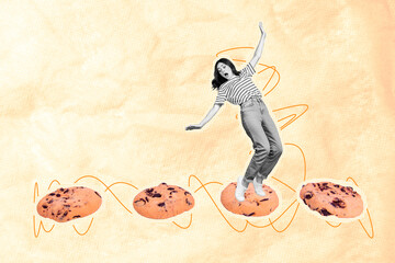 Canvas Print - Trend artwork sketch image composite photo collage of colorful food eat hungry young woman walk keep balance way road cookies sweet tasty