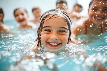 Joyful group of children engaged in swimming lessons at indoor pool during summer vacation