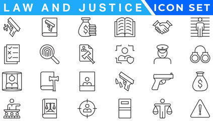 Poster - law & justice icons. editable thin line icons such as passion, fired, oath, accredited, diversify, judge chair, alerts, manufacture stock vector.