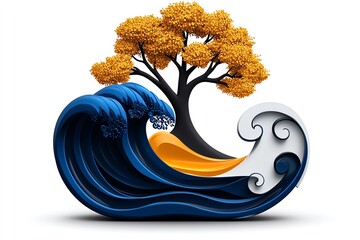 Poster - Minimalist ocean wave and tree icon, using abstract shapes to represent the balance between ocean and nature in a clean, modern design.