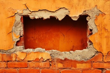 Eroded orange brick wall with jagged hole perfect for urban decay and industrial scene framing