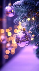 Wall Mural - Festive Christmas tree glass ornament on purple background
