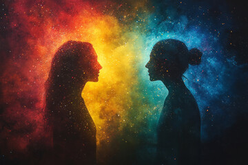 Wall Mural - Two silhouettes of people are shown in a colorful space with a blue