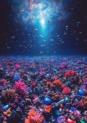 Wall Mural - Am Amazing Underwater Ocean Scene with Colorful Corals and Diverse Marine Life Under Clear Blue Waters with Sunlight Filtering Through