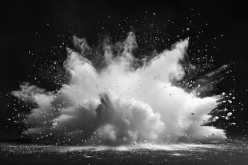 Colorful Holi Festival Explosion: White Powder Dust Particles Splash on Black Background