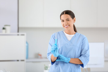 Poster - Happy female young scientist with test tube of water sample in research laboratory