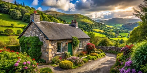 Wall Mural - Charming Irish Cottage Surrounded by Lush Greenery and Scenic Landscape in Countryside Setting