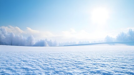 Wall Mural - A serene winter landscape featuring a snow-covered field under a clear blue sky with soft sunlight illuminating the scene