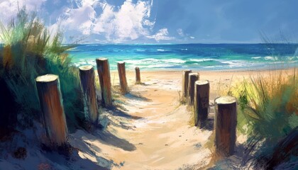 A sandy path lined with wooden posts leads to a beautiful beach with blue water and a bright sky.