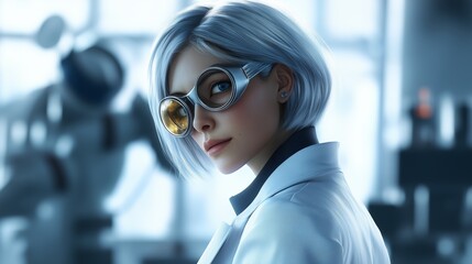  - a scientist with short silver hair and goggles working in a modern laboratory with advanced equipmen