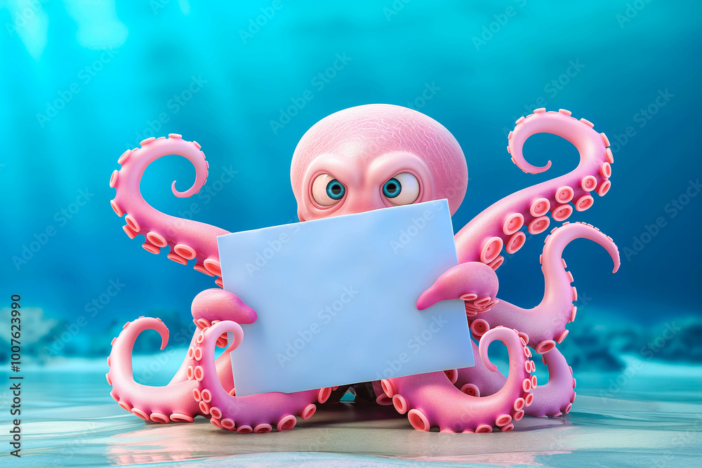 Cute pink octopus 3d cartoon with blank sign in his tentacles ...