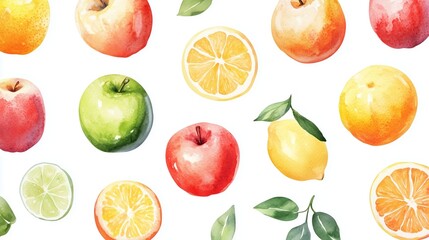 Poster - colorful watercolor illustration of various fruits including apples, lemons, and oranges on a white 