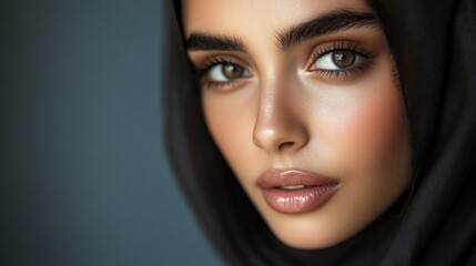 Poster - Close-up of a Woman's Face with Brown Eyes and a Black Scarf