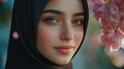 Canvas Print - Close-up Portrait of a Woman Wearing a Hijab with Pink Flowers in the Background