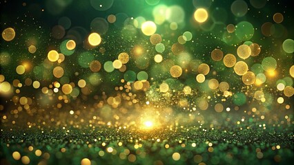 A shimmering expanse of golden glitter, a cascade of glowing orbs, and a backdrop of emerald green, creating a vibrant and festive scene.