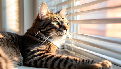 Wall Mural - Serene cat basking in sunlight by a window in a cozy indoor space