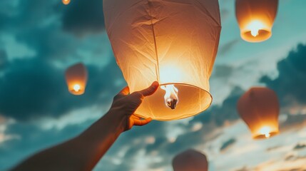 Person releasing a glowing paper lantern into the evening sky.