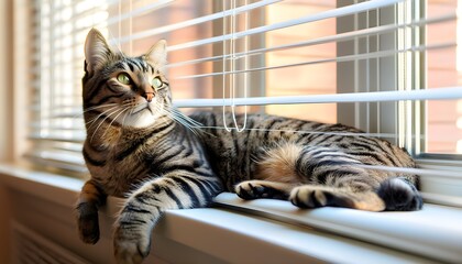 Wall Mural - Serene cat basking in sunlight by a window in a cozy indoor space