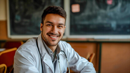 Doctor, Portrait of a smiling young doctor on seminar board room or during an educational class