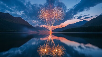 Poster - Fireworks Display Reflected in Still Lake Water Surrounded by Mountains at Dusk