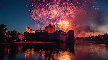 Sticker - Fireworks Display Over a Stone Castle and a River at Night