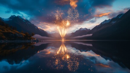 Sticker - Fireworks Display Over a Still Lake in a Mountain Valley at Sunset