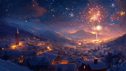 Poster - Festive Fireworks Display Over Snowy Village and Mountains