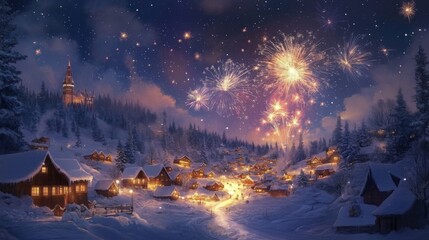 Poster - Snowy Village with Fireworks Display Under a Starry Night