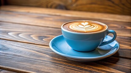 Wall Mural - A cup of coffee with a delicate heart shaped design in the foam sits on a blue saucer, resting on a wooden surface.