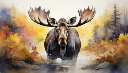 a moose standing in a dense, foggy forest, its form emerging from the mist, with the backgro