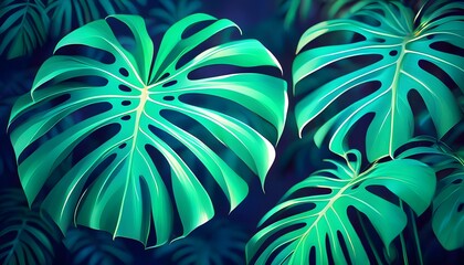 Wall Mural - Vibrant tropical ambiance created by intricately detailed monstera leaves illuminated by soft lighting