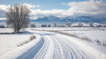 Wall Mural - Snow-Covered Road Leading Through a Wintery Landscape