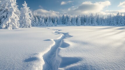 Poster - Snow-Covered Forest with Footprints and a Clear Blue Sky