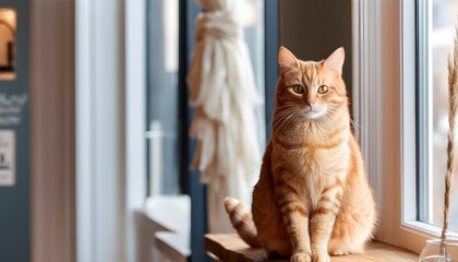 Wall Mural - Cozy ginger cat lounging on a window sill, embodying warmth, relaxation, and the joy of companionship in a homely setting