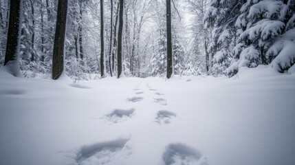 Wall Mural - Footprints in a Snow-Covered Forest Path