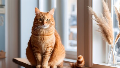 Wall Mural - Cozy ginger cat lounging on a window sill, embodying warmth, relaxation, and the joy of companionship in a homely setting